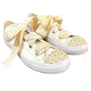 Converse All-Star sneakers white patent canvas pearl beaded toe lace ribbon 8